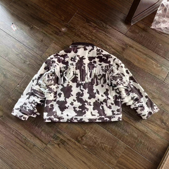 Damen Teddy-Truckerjacke mit Kuhfleckenmuster und Kunstlederkragen Shop Nory