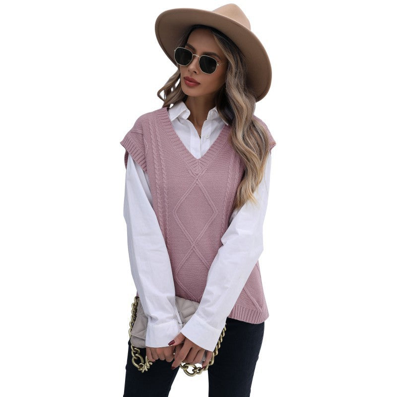 Damen Strickweste mit V-Ausschnitt und Rautenmuster Shop Nory