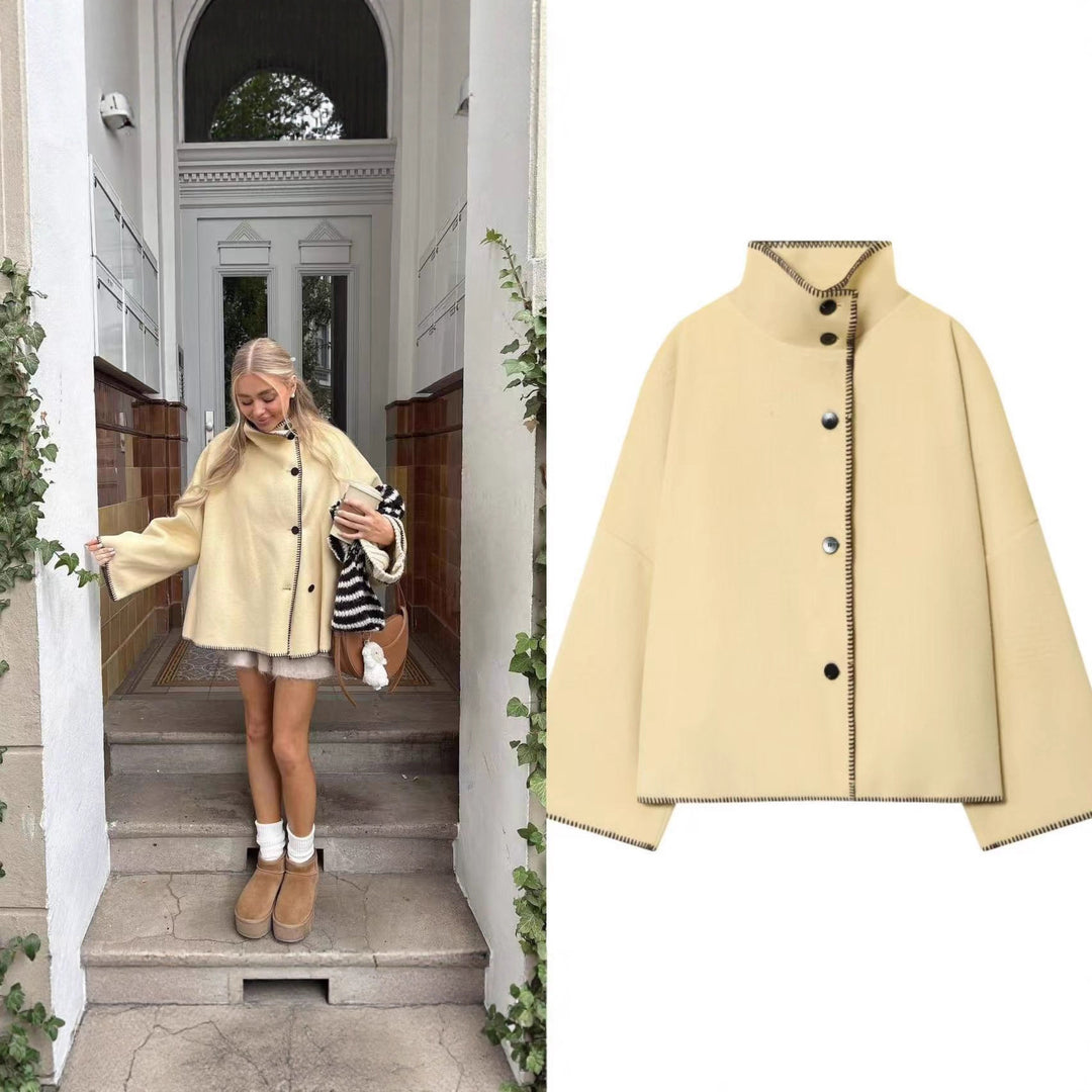 Damen Kurzer Wollcape-Mantel mit Stehkragen, Kontrastnaht und Druckknopfverschluss Shop Nory