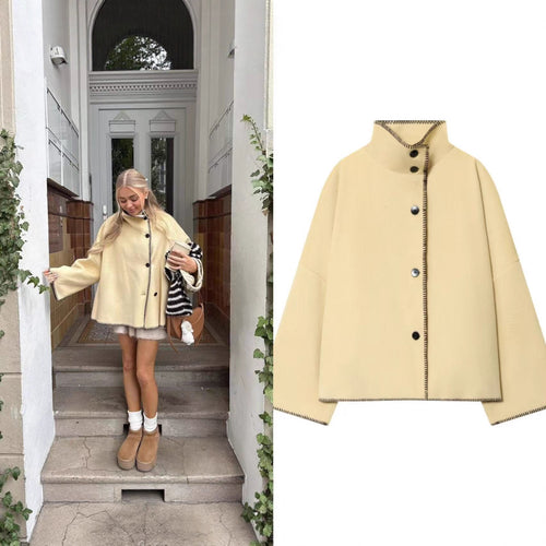 Damen Kurzer Wollcape-Mantel mit Stehkragen, Kontrastnaht und Druckknopfverschluss Shop Nory
