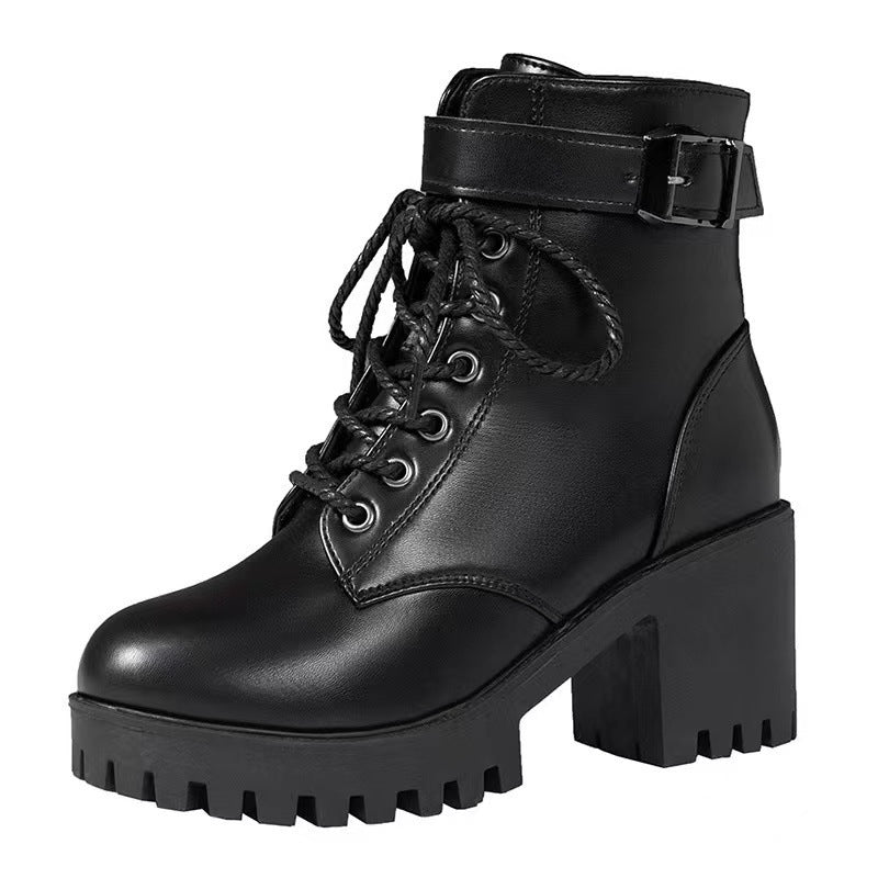 Damen nan Plateau-Schnürstiefelette aus Kunstleder mit profilierter Gummisohle und verstellbarem Schnallenriemen Shopnory