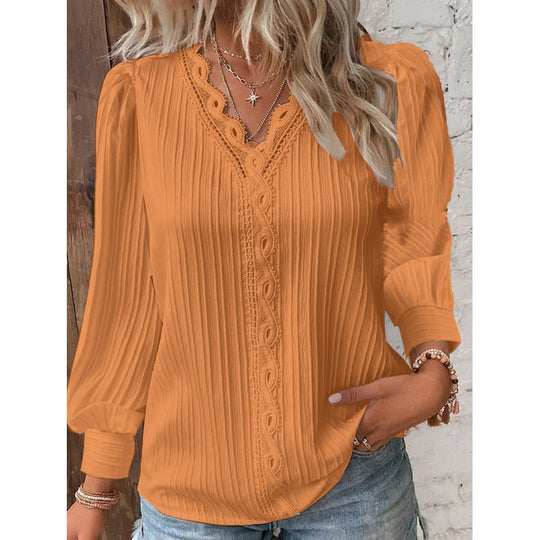 Damen Plissierte V‑Ausschnitt Bluse mit Spitzenbesatz und Ballonärmeln Shop Nory