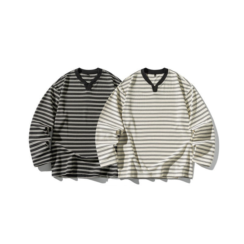 Unisex Gestreiftes Strukturiertes Longsleeve mit Notch-V-Ausschnitt und Rippenstruktur Shop Nory