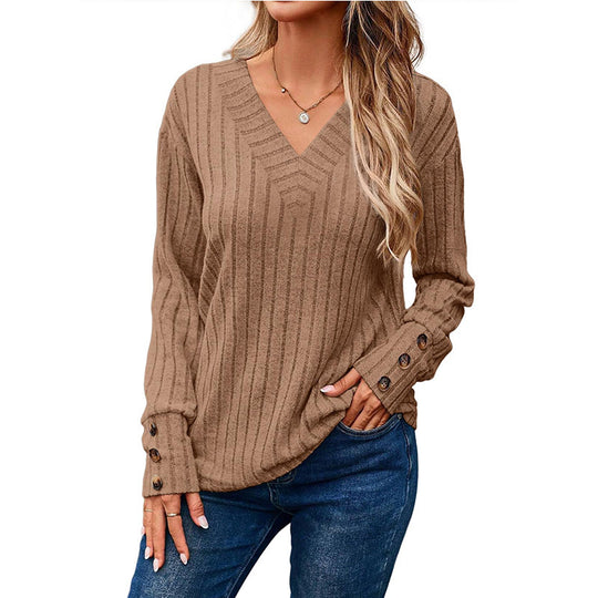 Damen Gerippter V-Ausschnitt Strickpullover mit Knopfmanschetten Shop Nory