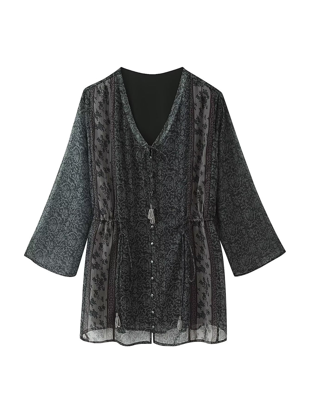 Damen Transparentes Boho-Tunika-Kleid mit V-Ausschnitt, Kordelzug und Quasten Shop Nory