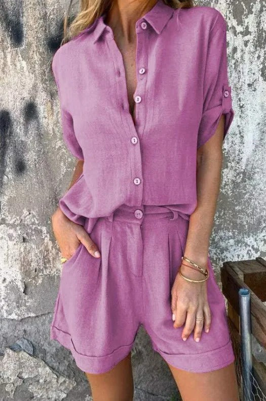 Damen Kurzoverall mit elegantem Hemdkragen und Taillengürtel Shopnory