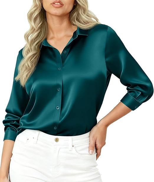 Damen Seidiges Satin-Blusenshirt mit Hemdkragen und dreiviertel Ärmeln Shop Nory