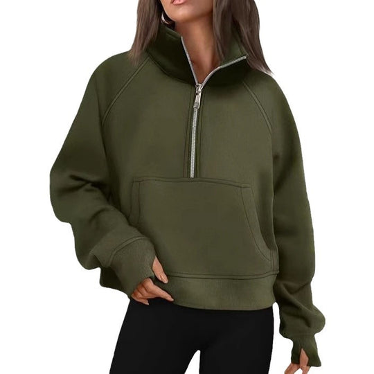 Damen nan oversized Sweatshirt mit halbem Reißverschluss Kängurutasche und Daumenlöchern Shop Nory