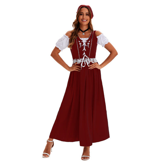 Damen nan langes Trachtenkleid im Dirndlstil mit Corsage-Schnürung und Spitzenbund Shop Nory