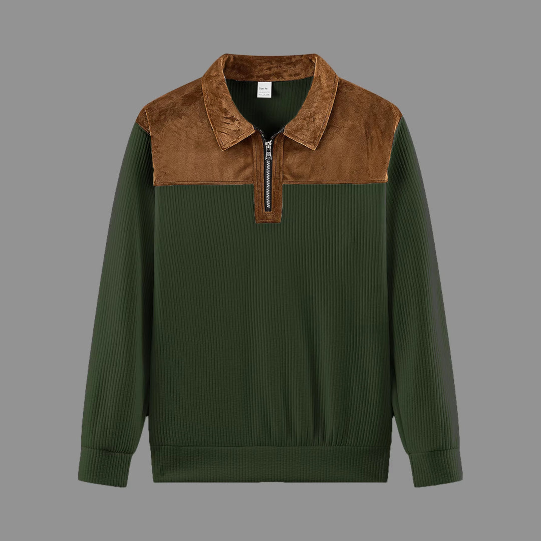 Unisex nan feinstrukturierter Strickpullover mit halbem Reißverschlusskragen und Samtbesatz Shop Nory