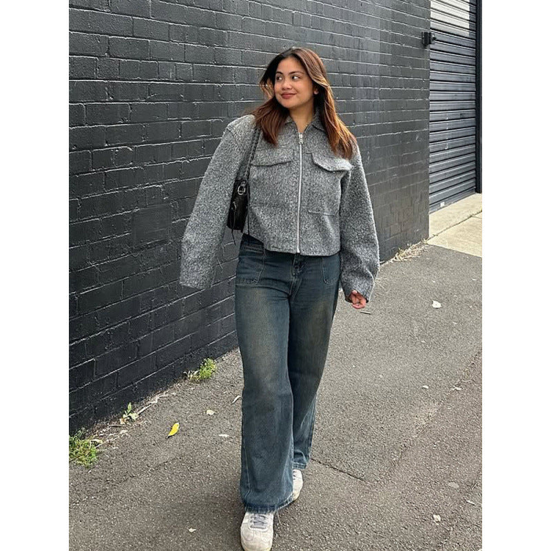 Damen Kurzjacke im Boxy‑Cut mit Reißverschluss, voluminösen Ärmeln und aufgesetzten Brusttaschen Shop Nory