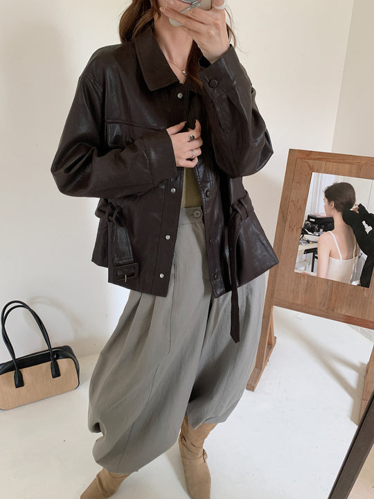 Damen Kurze Oversize-Lederjacke mit Taillenzug und Druckknopfleiste Shop Nory