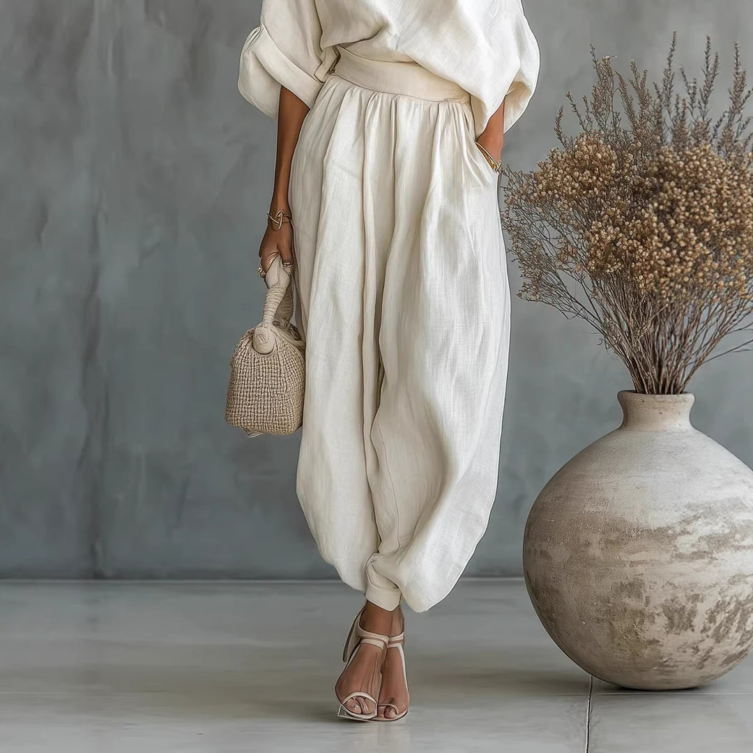 Damen Leinen-Set mit One-Shoulder-Oberteil und weiten Haremshosen Shop Nory