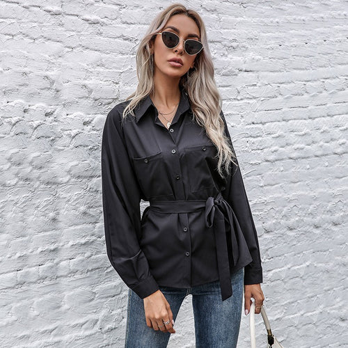 Damen Tailliertes Hemd mit Bindegürtel und Brusttaschen Shop Nory