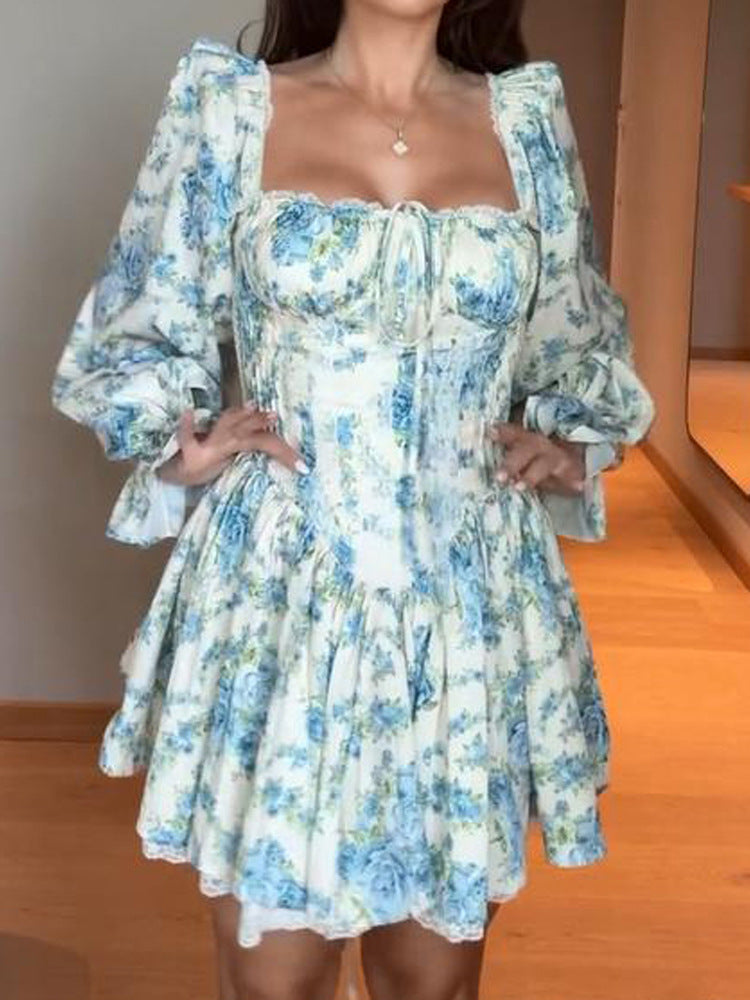 Damen Korsagen-Minikleid mit Puffärmeln, quadratischem Ausschnitt und stufigem Volantrock Shop Nory