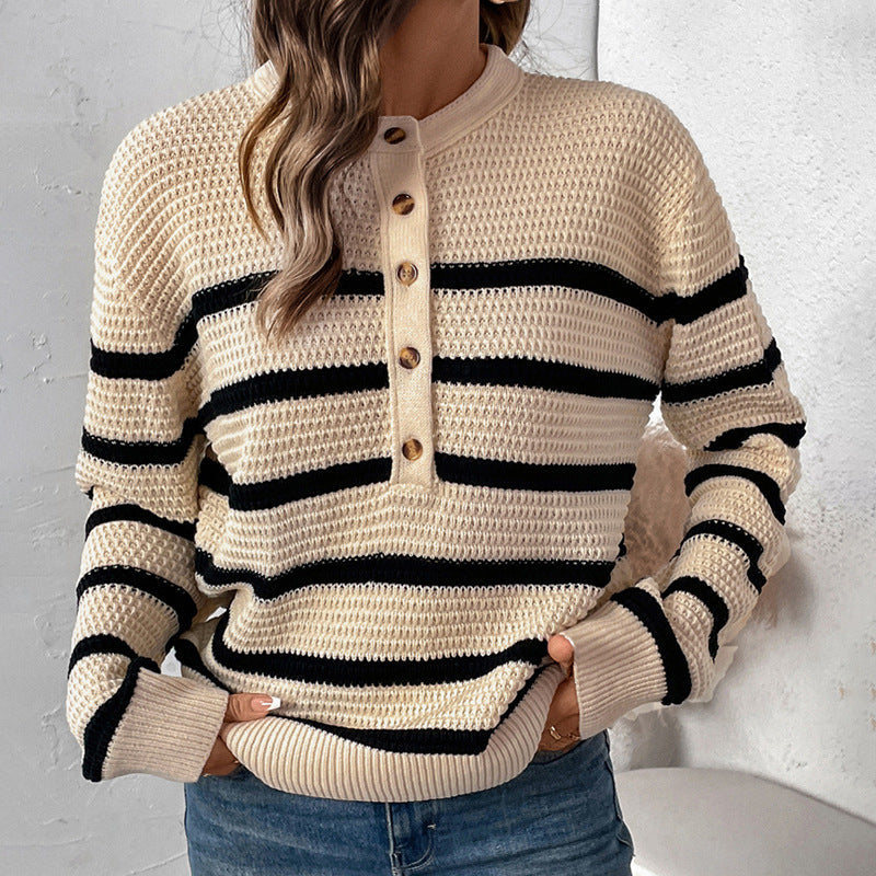 Damen Gestreifter Waffelstrick-Henley-Pullover mit Knopfleiste Shop Nory