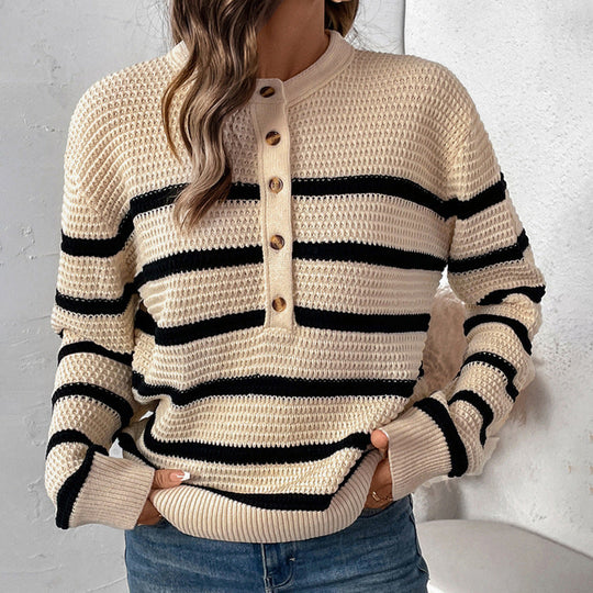 Damen Gestreifter Waffelstrick-Henley-Pullover mit Knopfleiste Shop Nory