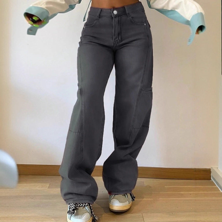 Damen High-Waist weite Cargo-Denimhose mit Nahtpaneelen und Baggy-Silhouette Shop Nory