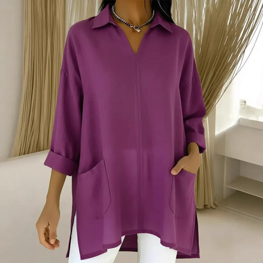 Damen Oversize-Tunika mit Hemdkragen, V-Ausschnitt und aufgesetzten Taschen Shop Nory