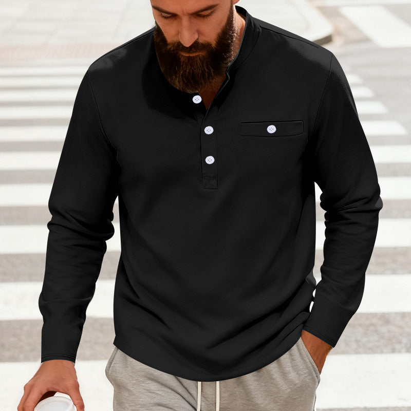 Herren Lässiges Henley-Langarmshirt mit Stehkragen, Brusttasche und abgerundetem Saum Shop Nory