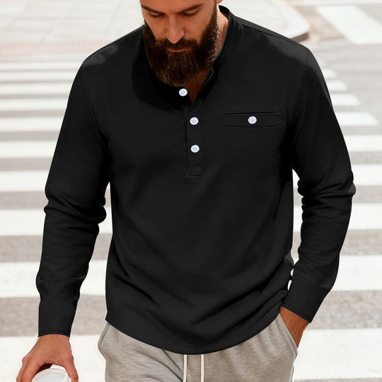 Herren Lässiges Henley-Langarmshirt mit Stehkragen, Brusttasche und abgerundetem Saum Shop Nory