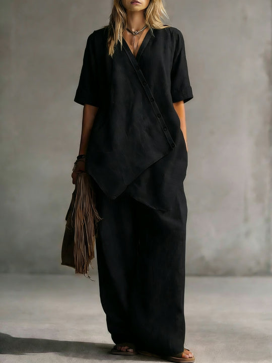 Damen Leinen-Zweiteiler mit asymmetrischer Knopfleiste und weiter Palazzo-Hose Shop Nory