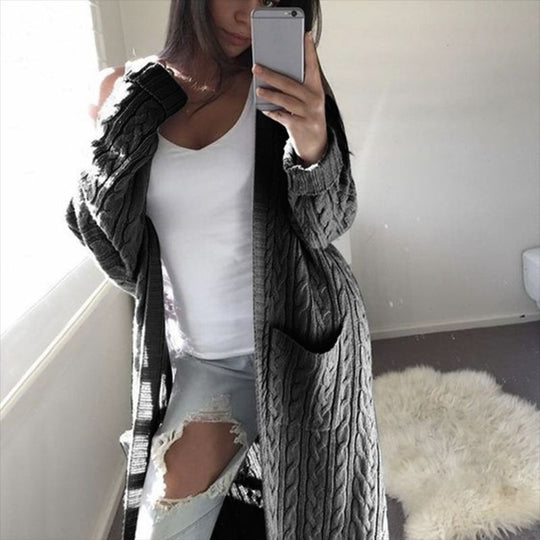 Damen Langer Oversize Zopfmuster-Strickcardigan mit Eingrifftaschen Shop Nory