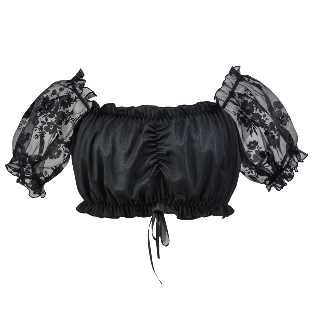 Damen nan Carmen-Dirndlbluse kurz mit geraffter Vorderpartie elastischem Saum und transparenten Puffärmeln Shop Nory