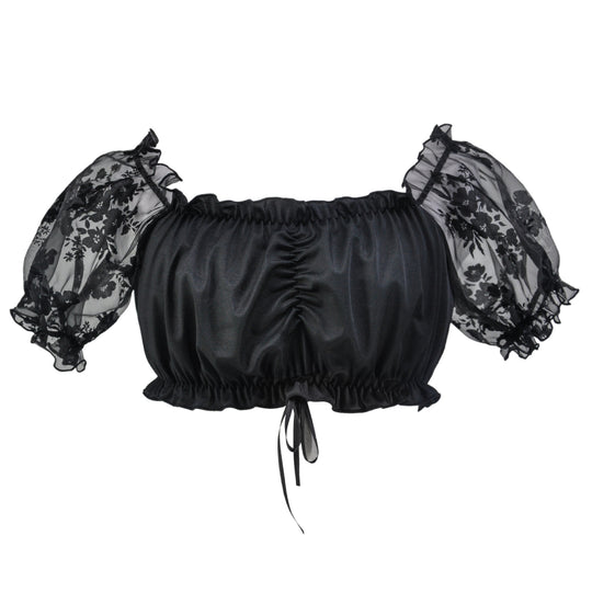 Damen nan Carmen-Dirndlbluse kurz mit geraffter Vorderpartie elastischem Saum und transparenten Puffärmeln Shop Nory
