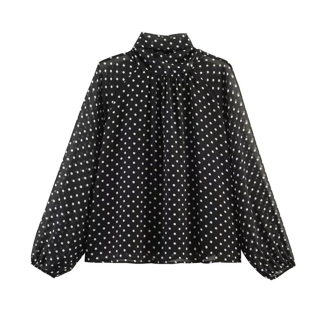 Damen Lockere Bluse mit hohem Stehkragen, Ballonärmeln und Polka-Dot-Print Shop Nory