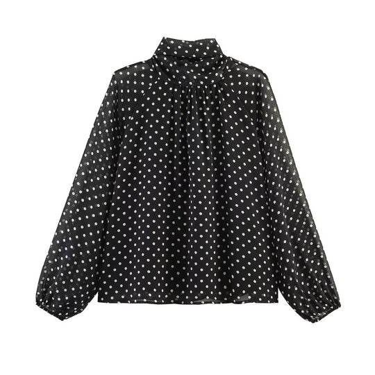 Damen Lockere Bluse mit hohem Stehkragen, Ballonärmeln und Polka-Dot-Print Shop Nory