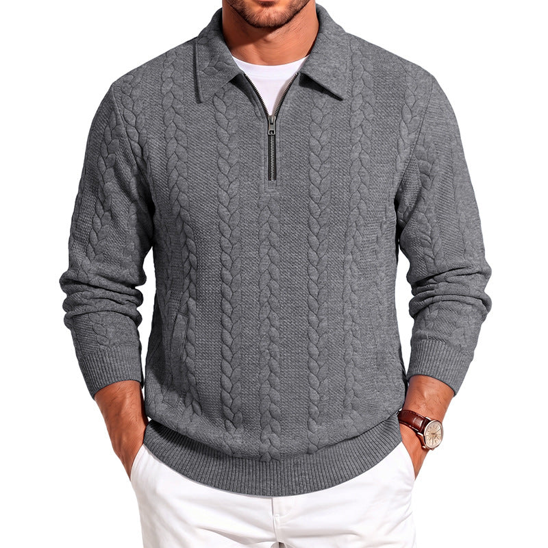 Herren Strukturiertes Kabelstrick-Halbreißverschluss-Pullover mit Hemdkragen und Rippbündchen Shop Nory