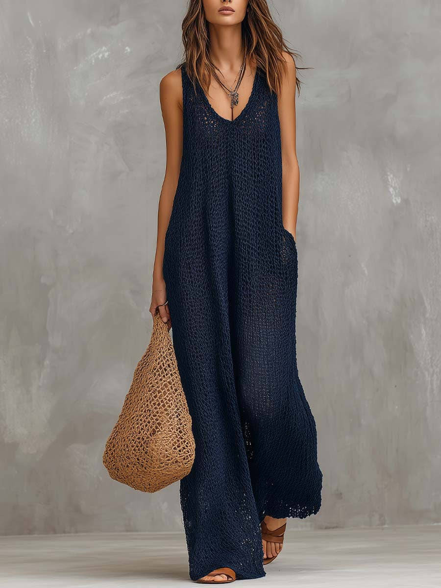 Damen Luftiges Sommerkleid mit seitlichen Taschen und tiefem Ausschnitt Shopnory