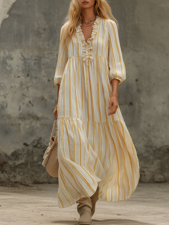 Damen Maxikleid mit Rüschen-V-Ausschnitt und Ballonärmeln Shop Nory