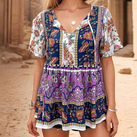 Damen Tunika mit V-Ausschnitt und floralem Patchwork-Design Shopnory