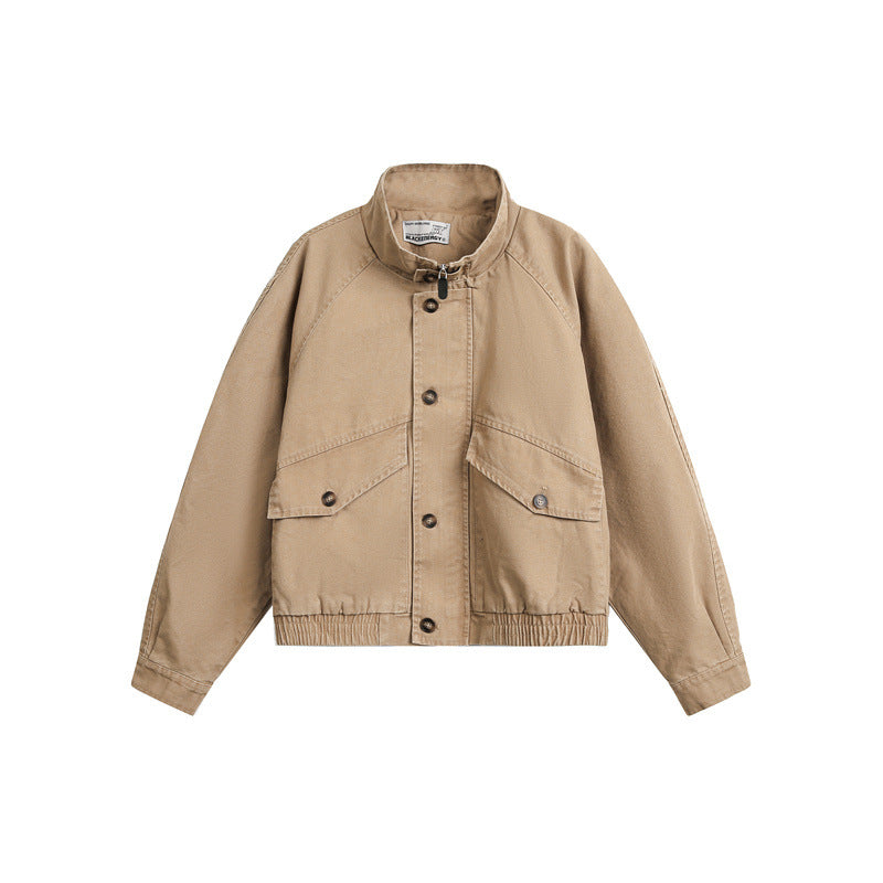 Unisex Kurz geschnittener Boxy-Canvas-Blousonjacke mit Funnelkragen, Aufgesetzten Klappentaschen und Elastischem Saum Shop Nory