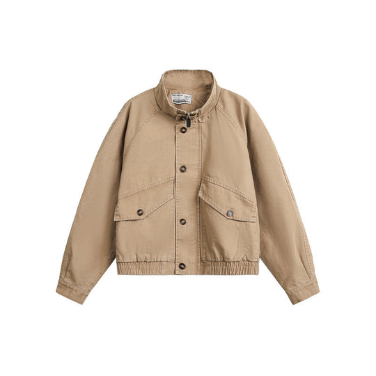 Unisex Kurz geschnittener Boxy-Canvas-Blousonjacke mit Funnelkragen, Aufgesetzten Klappentaschen und Elastischem Saum Shop Nory