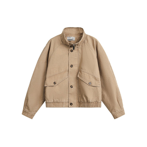 Unisex Kurz geschnittener Boxy-Canvas-Blousonjacke mit Funnelkragen, Aufgesetzten Klappentaschen und Elastischem Saum Shop Nory