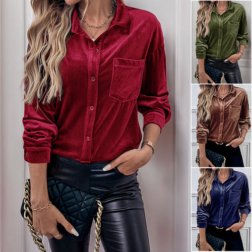 Damen Velours-Hemdbluse mit Brusttasche und klassischem Kragen Shop Nory