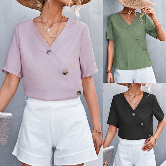 Damen lässige Bluse mit Wickeloptik und Knopfdetails