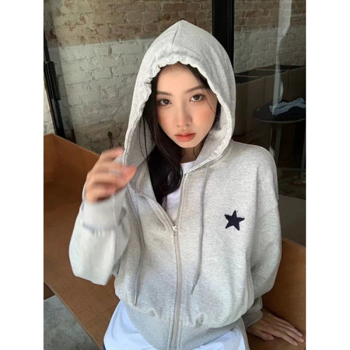 Damen nan kurze Kapuzenjacke mit durchgehendem Reißverschluss, Sternapplikation und elastischem Saum Shop Nory