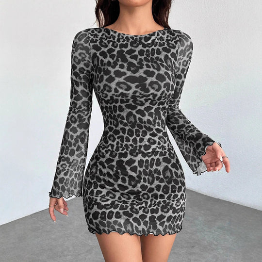 Damen Figurbetontes Mesh-Minikleid mit Leo-Print und Langarm Shop Nory