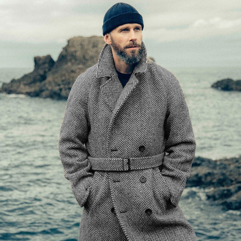 Herren Doppelreihiger Wollmix-Mantel mit Fischgrätstruktur und Taillengürtel Shop Nory