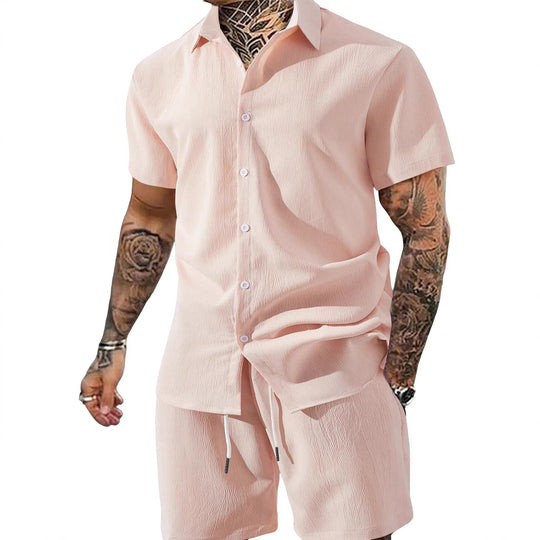 Herren nan Crinkle-Lounge-Set mit offenem Revershemd, integriertem Kurzarm-T-Shirt und Kordel-Bermuda Shopnory