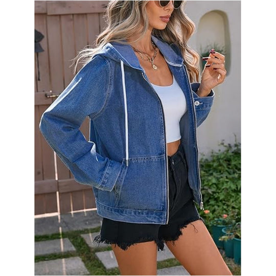 Damen Oversize Jeanskapuzenjacke mit Reißverschluss und aufgesetzten Taschen Shop Nory