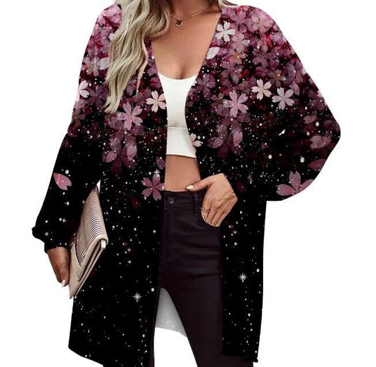 Damen Leichter Offener Longcardigan mit Federmotiv und Oversize-Ärmeln Shop Nory