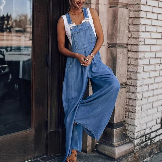 Damen Weite Denim-Latzhose im Palazzo-Schnitt mit verstellbaren Trägern Shop Nory