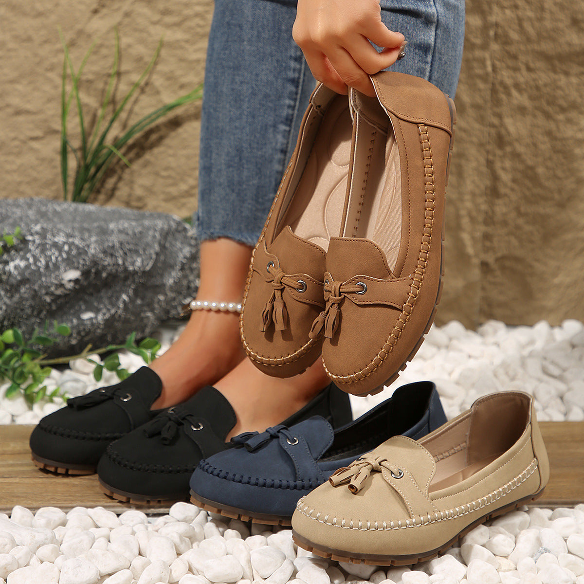 Damen bequeme Mokassins mit flexibler Sohle und eleganter Knoten-Applikation