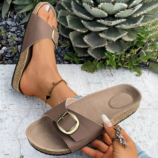 Damen Komfortable Fußbett-Sandalen mit breitem Riemen und glänzender Schnalle