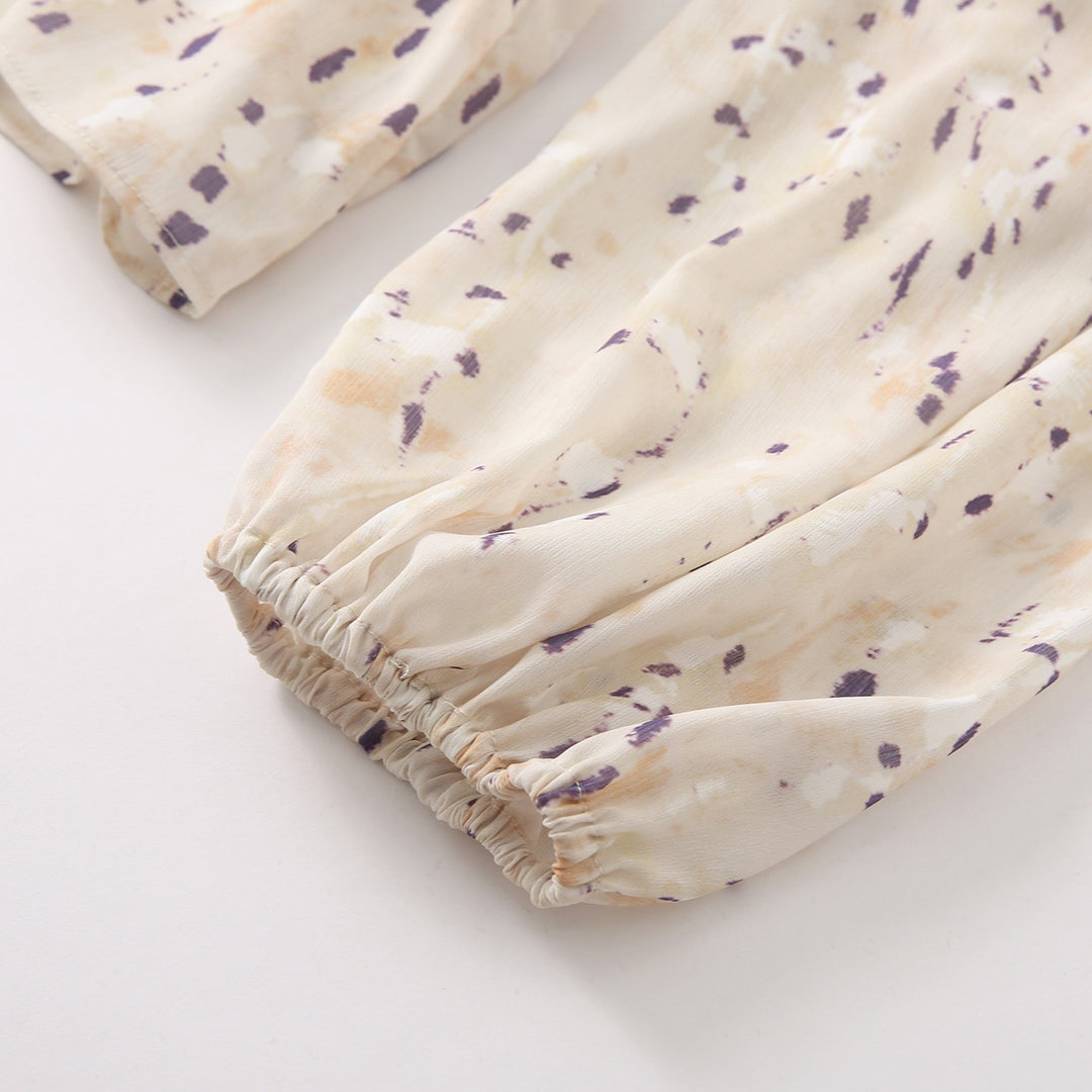 Damen Schluppenbluse mit Volantbesatz, Aquarellprint und Ballonärmeln Shop Nory